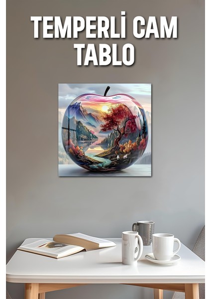 3D Görünümlü Temperli Cam Tablo – Dağ ve Nehir Manzaralı Elma Temalı Uv Baskı 33X33 CM-CKT022 modelleri