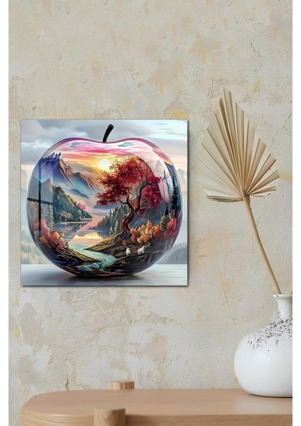 3D Görünümlü Temperli Cam Tablo – Dağ ve Nehir Manzaralı Elma Temalı Uv Baskı 33X33 CM-CKT022 fırsatları