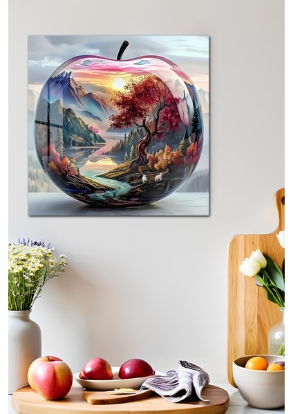 3D Görünümlü Temperli Cam Tablo – Dağ ve Nehir Manzaralı Elma Temalı Uv Baskı 33X33 CM-CKT022 indirimleri