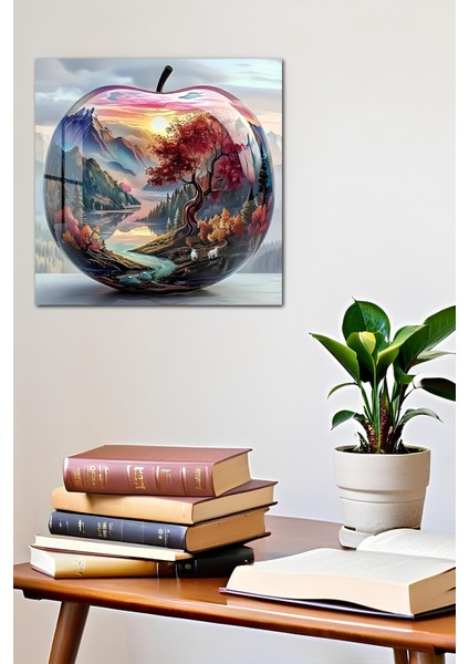 3D Görünümlü Temperli Cam Tablo – Dağ ve Nehir Manzaralı Elma Temalı Uv Baskı 33X33 CM-CKT022