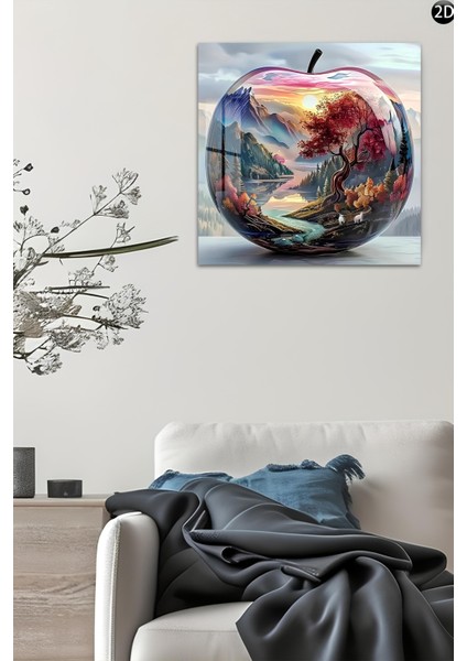 3D Görünümlü Temperli Cam Tablo – Dağ ve Nehir Manzaralı Elma Temalı Uv Baskı 33X33 CM-CKT022