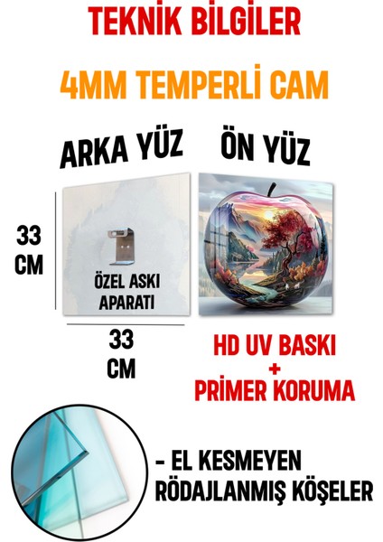 3D Görünümlü Temperli Cam Tablo – Dağ ve Nehir Manzaralı Elma Temalı Uv Baskı 33X33 CM-CKT022