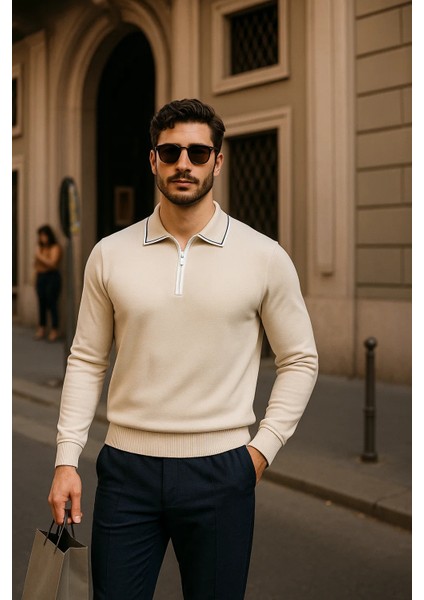 Erkek Fermuarlı Bej Uzun Kollu Polo Yaka Triko Kazak