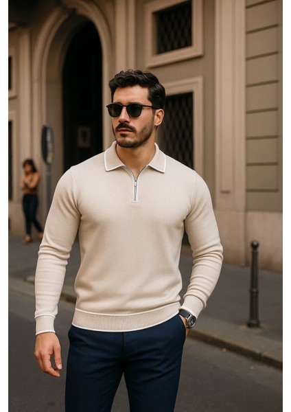 Erkek Fermuarlı Bej Uzun Kollu Polo Yaka Triko Kazak fiyatları