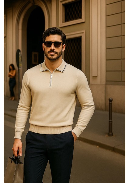 Erkek Fermuarlı Bej Uzun Kollu Polo Yaka Triko Kazak modelleri