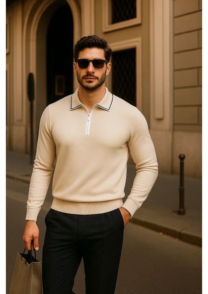 Erkek Fermuarlı Bej Uzun Kollu Polo Yaka Triko Kazak fırsatları
