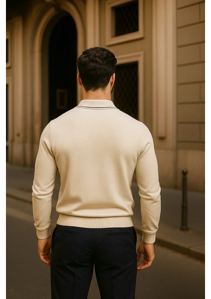Erkek Fermuarlı Bej Uzun Kollu Polo Yaka Triko Kazak indirimleri