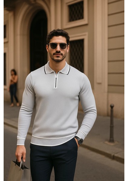 Erkek Fermuarlı Gri Uzun Kollu Polo Yaka Triko Kazak