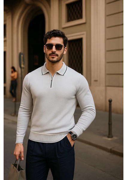 Erkek Fermuarlı Gri Uzun Kollu Polo Yaka Triko Kazak fiyatları