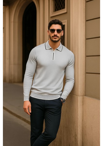 Erkek Fermuarlı Gri Uzun Kollu Polo Yaka Triko Kazak modelleri