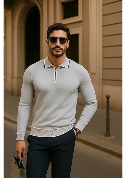 Erkek Fermuarlı Gri Uzun Kollu Polo Yaka Triko Kazak fırsatları
