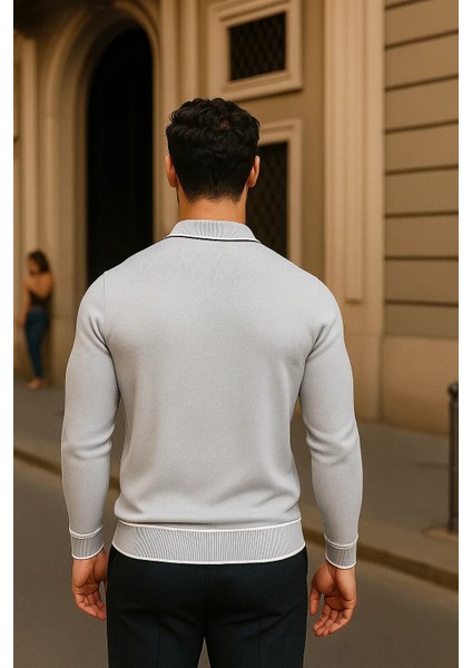 Erkek Fermuarlı Gri Uzun Kollu Polo Yaka Triko Kazak indirimleri