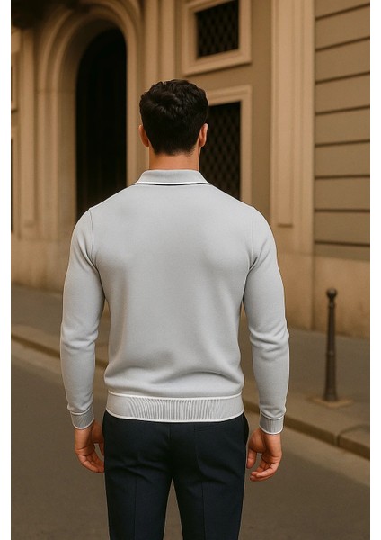 Erkek Fermuarlı Gri Uzun Kollu Polo Yaka Triko Kazak