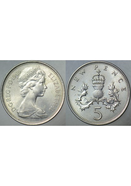 Birleşik Krallık 5 Pence 1969 Kraliçe Iı. Elizabeth. Ingiltere 23,6 mm Çilaltı+