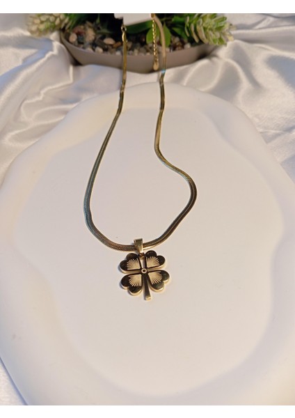 Ezme Zincir Detaylı 14 K Kaplama Yonca Çelik Kolye fiyatları