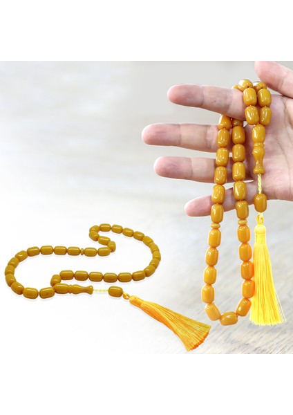 Çubuk Sıkma Kehribar Tesbih - Osmanlı Saray Püsküllü - Koyu Sarı Renk - Kapsül Kesim fiyatları
