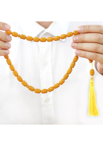 Çubuk Sıkma Kehribar Tesbih - Osmanlı Saray Püsküllü - Koyu Sarı Renk - Kapsül Kesim fırsatları