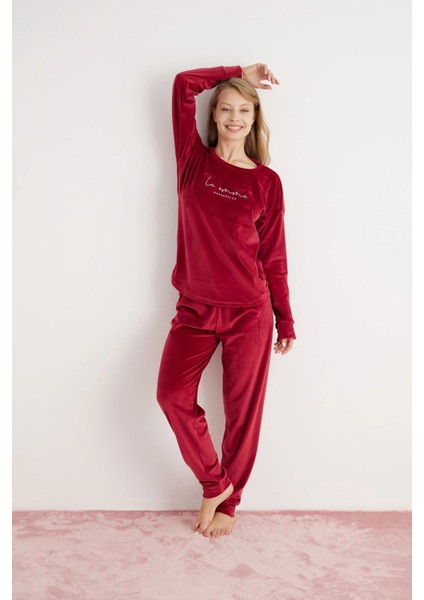 Kadın Yumuşak Kadife Bordo Pijama Takımı