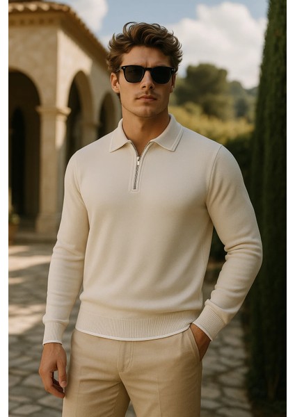 Erkek Günlük Fermuarlı Krem Uzun Kollu Polo Yaka Triko