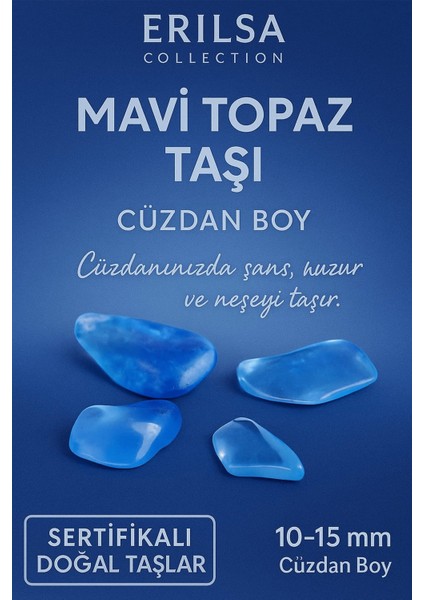Sertifikalı Mavi Topaz Taşı Kütle 10-15 mm Cüzdan Boy – Şans Neşe ve Huzur Taşı