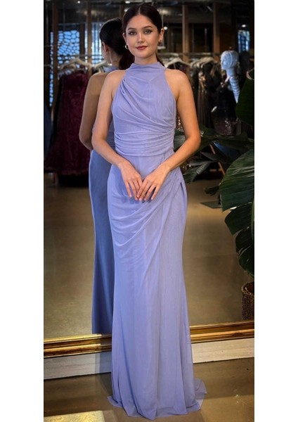 Lila Halter Yaka Yırtmaçlı Düz Kesim Likralı Tül Uzun Abiye Elbise 11084-13