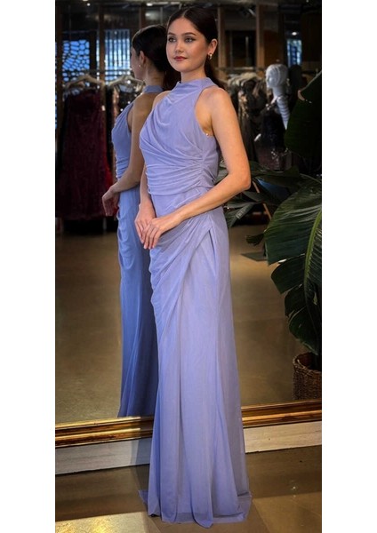 Lila Halter Yaka Yırtmaçlı Düz Kesim Likralı Tül Uzun Abiye Elbise 11084-13 fiyatları