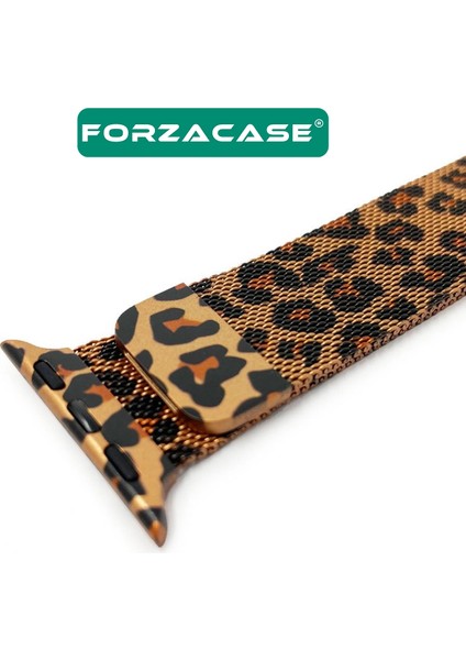 Apple Watch 9 45MM ile Uyumlu Leopar Desen Metal Mıknatıslı Kordon Kayış - FC1137 modelleri