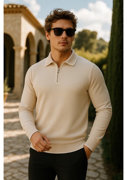 Erkek Günlük Fermuarlı Krem Uzun Kollu Polo Yaka Triko fiyatları