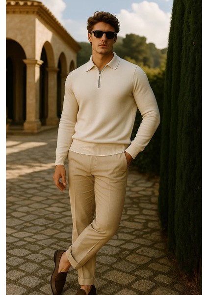 Erkek Günlük Fermuarlı Krem Uzun Kollu Polo Yaka Triko modelleri