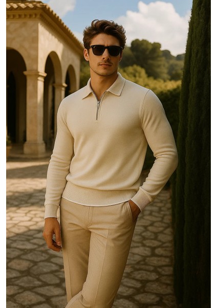 Erkek Günlük Fermuarlı Krem Uzun Kollu Polo Yaka Triko fırsatları