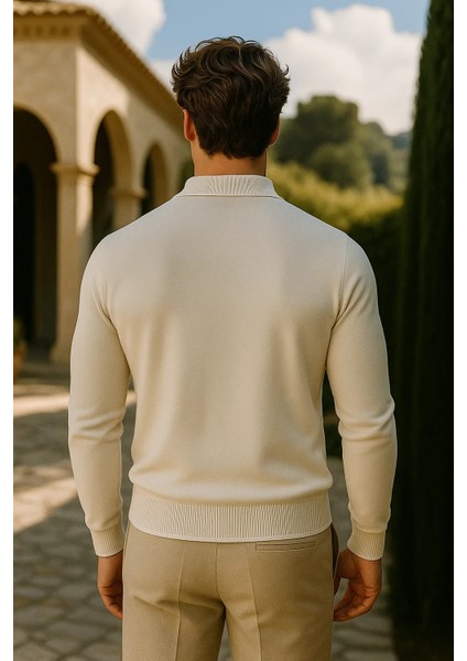Erkek Günlük Fermuarlı Krem Uzun Kollu Polo Yaka Triko indirimleri