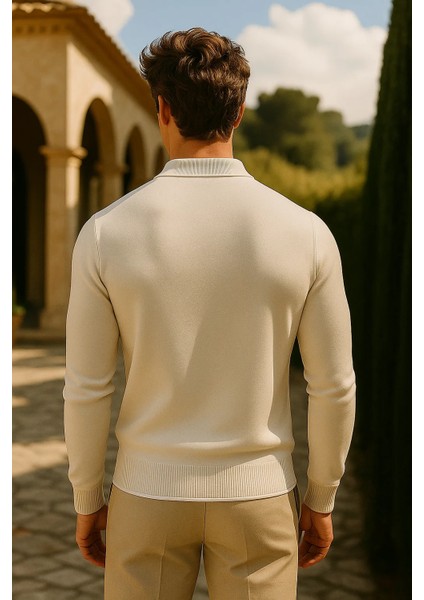 Erkek Günlük Fermuarlı Krem Uzun Kollu Polo Yaka Triko