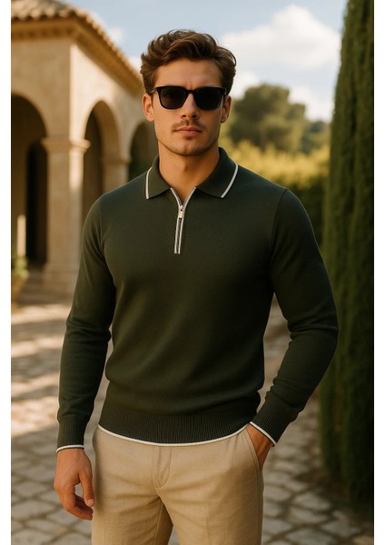 Erkek Günlük Fermuarlı Haki Uzun Kollu Polo Yaka Triko