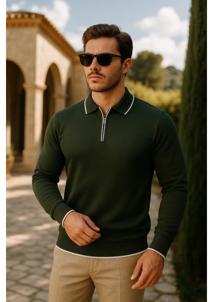 Erkek Günlük Fermuarlı Haki Uzun Kollu Polo Yaka Triko fiyatları