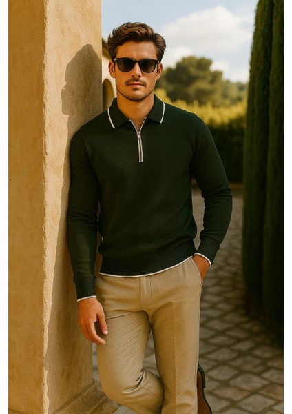 Erkek Günlük Fermuarlı Haki Uzun Kollu Polo Yaka Triko modelleri
