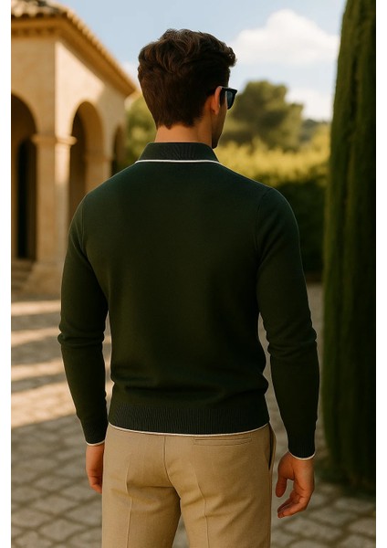 Erkek Günlük Fermuarlı Haki Uzun Kollu Polo Yaka Triko indirimleri