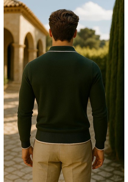 Erkek Günlük Fermuarlı Haki Uzun Kollu Polo Yaka Triko