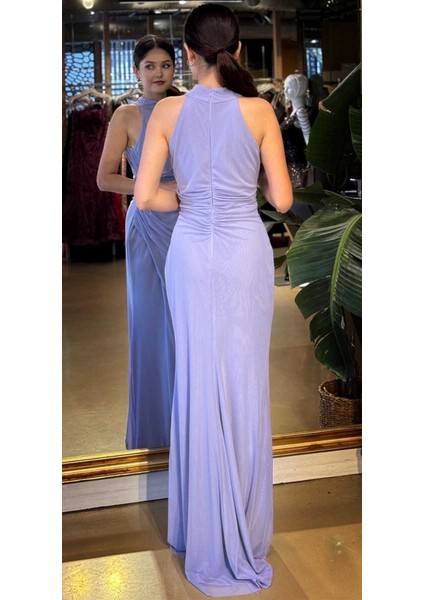 Lila Halter Yaka Yırtmaçlı Düz Kesim Likralı Tül Uzun Abiye Elbise 11084-13 indirimleri