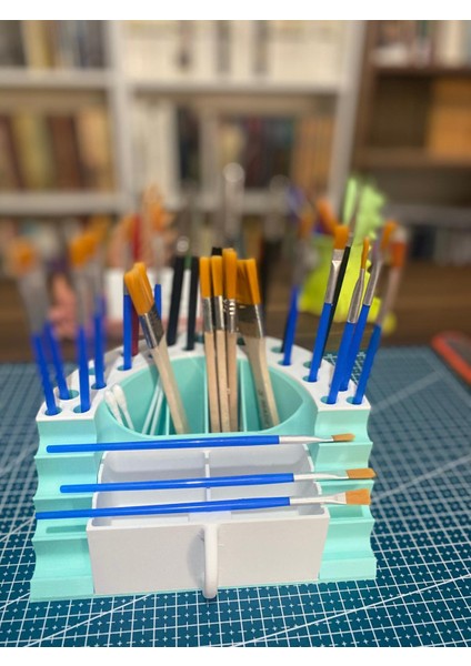 🎨 Pastel Mavi Çekmeceli Fırçalık Standı – 21+3+2 Bölmeli