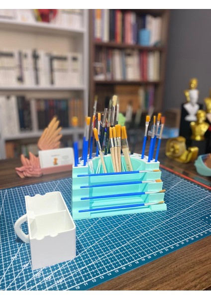 🎨 Pastel Mavi Çekmeceli Fırçalık Standı – 21+3+2 Bölmeli indirimleri