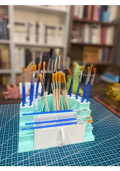 🎨 Pastel Mavi Çekmeceli Fırçalık Standı – 21+3+2 Bölmeli