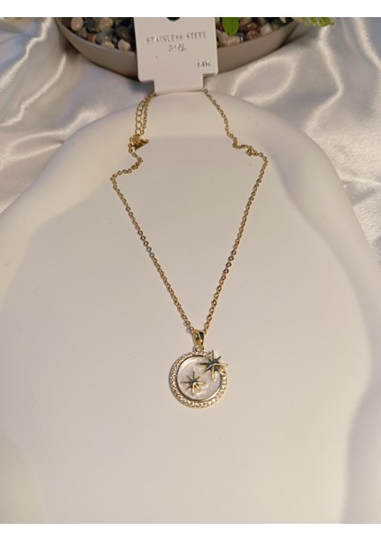 Zirkon Taş Detaylı Kutup Yıldızı Figürlü 14 K Kaplama Çelik Kolye