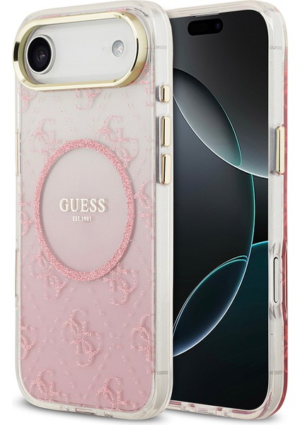 iPhone 17 Air Uyumlu Kılıf Guess Lisanslı M-Safe Şarj Özellikli 4g Desenli Simli Silikon Kapak Pembe