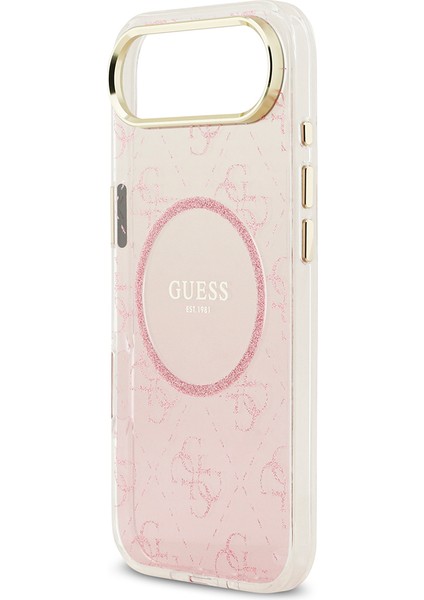 iPhone 17 Air Uyumlu Kılıf Guess Lisanslı M-Safe Şarj Özellikli 4g Desenli Simli Silikon Kapak Pembe