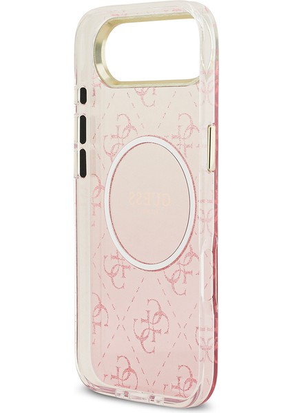 iPhone 17 Air Uyumlu Kılıf Guess Lisanslı M-Safe Şarj Özellikli 4g Desenli Simli Silikon Kapak Pembe