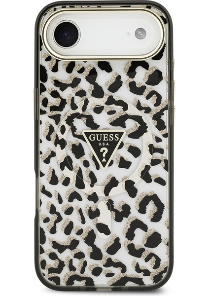 iPhone 17 Air Uyumlu Kılıf Guess Lisanslı M-Safeli Üçgen Logolu Simli Leopar Desenli Kapak Siyah modelleri