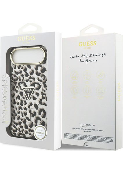 iPhone 17 Air Uyumlu Kılıf Guess Lisanslı M-Safeli Üçgen Logolu Simli Leopar Desenli Kapak Siyah