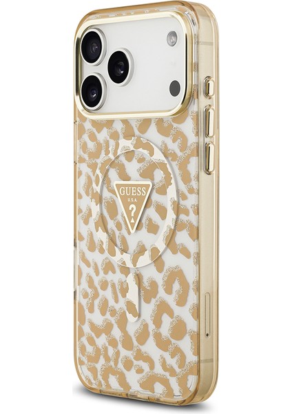 iPhone 17 Pro Uyumlu Kılıf Guess Lisanslı M-Safeli Üçgen Logolu Simli Leopar Desenli Kahverengi fiyatları