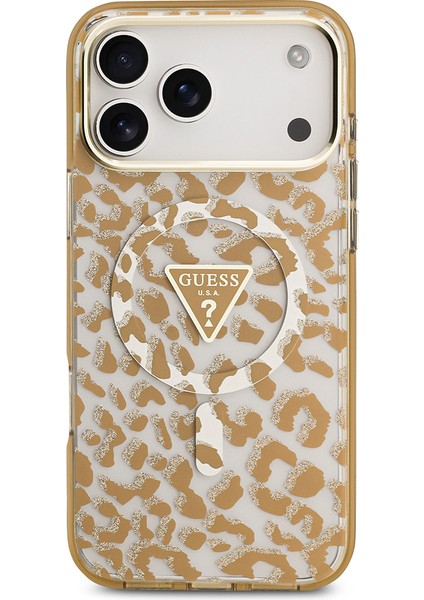 iPhone 17 Pro Uyumlu Kılıf Guess Lisanslı M-Safeli Üçgen Logolu Simli Leopar Desenli Kahverengi modelleri