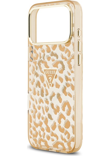 iPhone 17 Pro Uyumlu Kılıf Guess Lisanslı M-Safeli Üçgen Logolu Simli Leopar Desenli Kahverengi